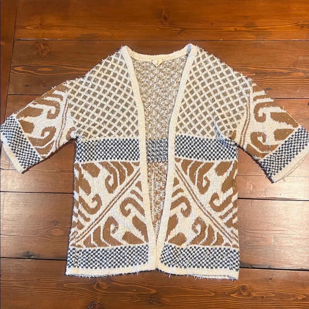 Circus Hotel - Cream, Gold, Tan, Blue Cardigan - Size 40 Medium - 90% Cotton